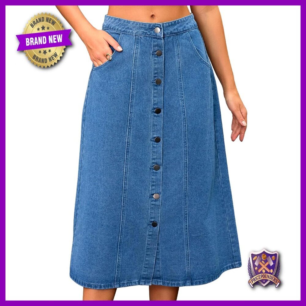 High Waisted Denim Skirt Button Front Midi A-Line Pockets Casual